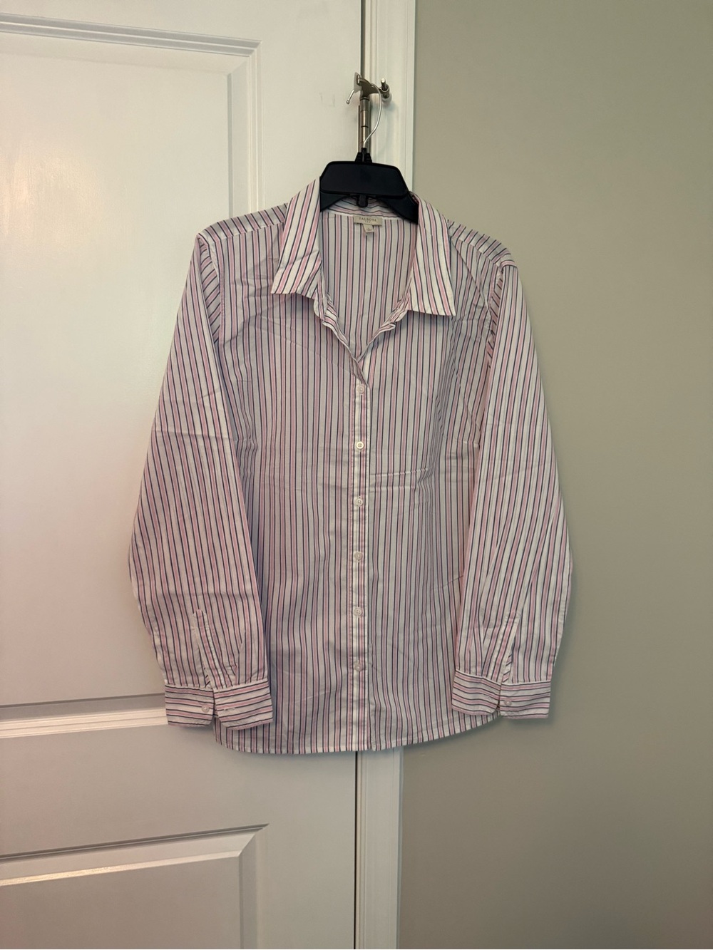 Talbots White Button-Up Shirt with Pink and Navy Stripes